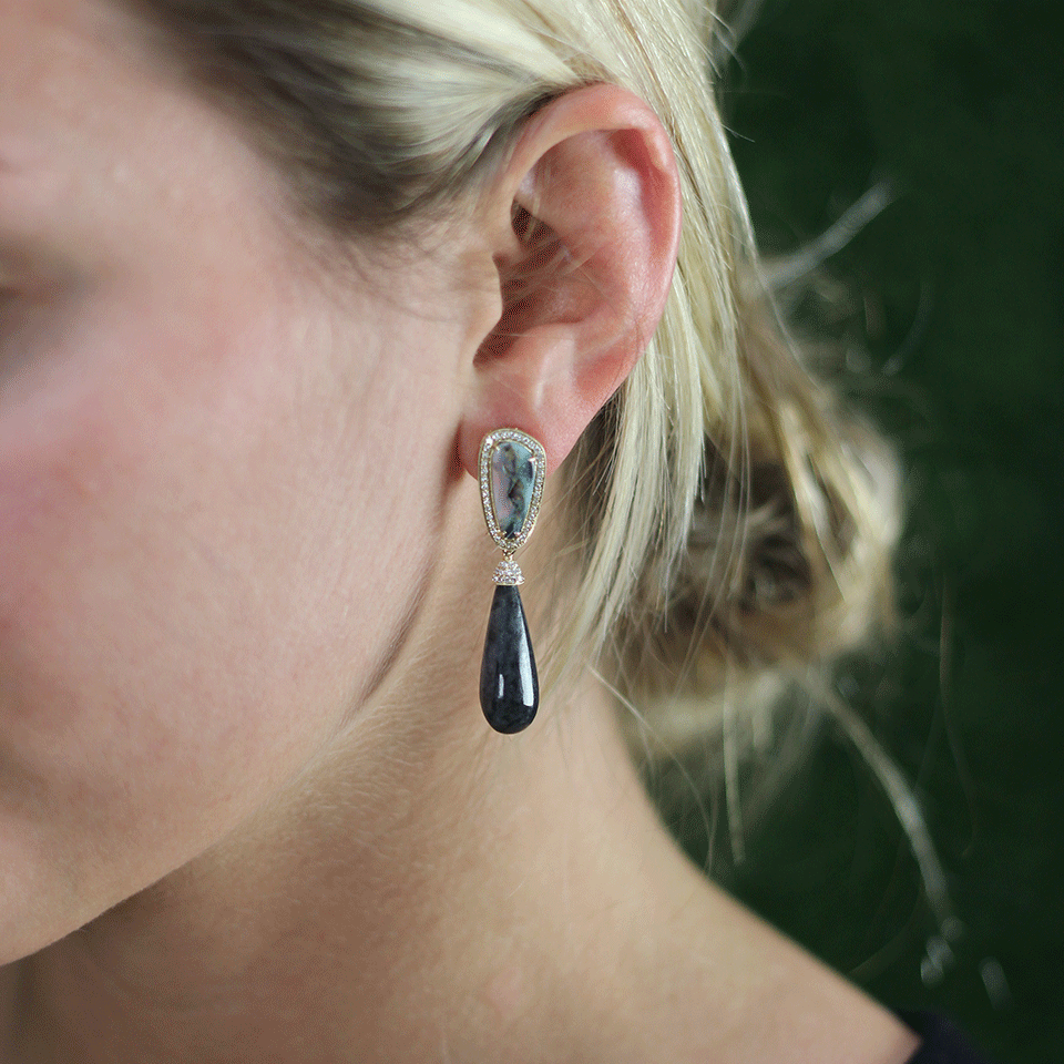 DANA REBECCA DESIGNS-Opal And Black Jade Earrings-YELLOW GOLD