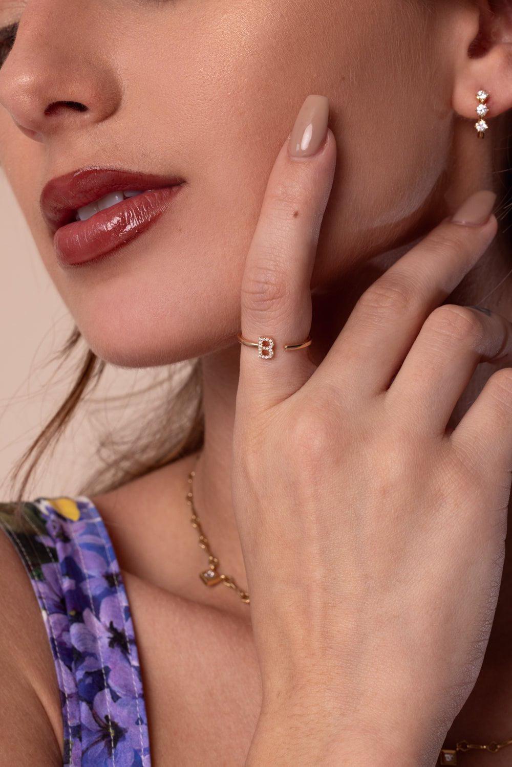 DANA REBECCA DESIGNS-B Diamond Single Initial Ring-ROSE GOLD