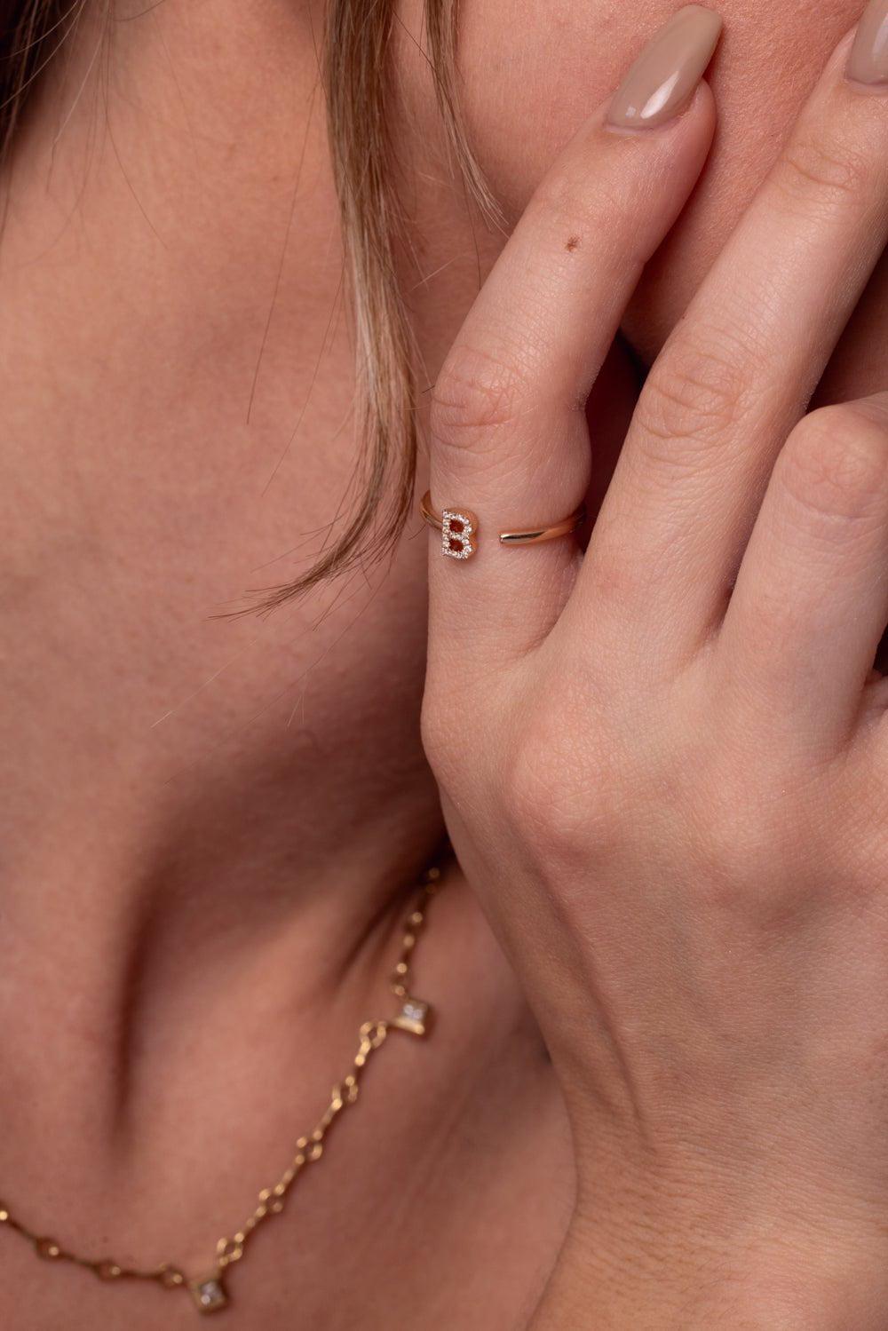 DANA REBECCA DESIGNS-B Diamond Single Initial Ring-ROSE GOLD