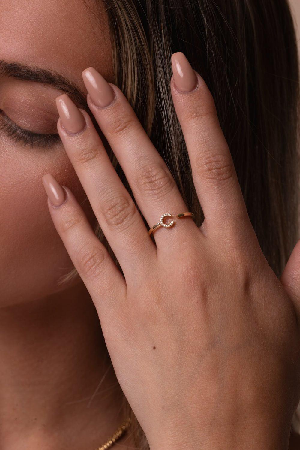 DANA REBECCA DESIGNS-C Diamond Single Initial Ring-YELLOW GOLD