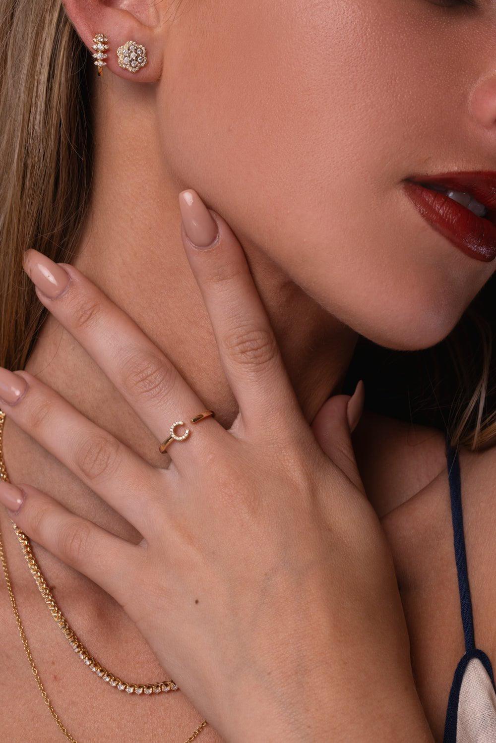 DANA REBECCA DESIGNS-C Diamond Single Initial Ring-YELLOW GOLD