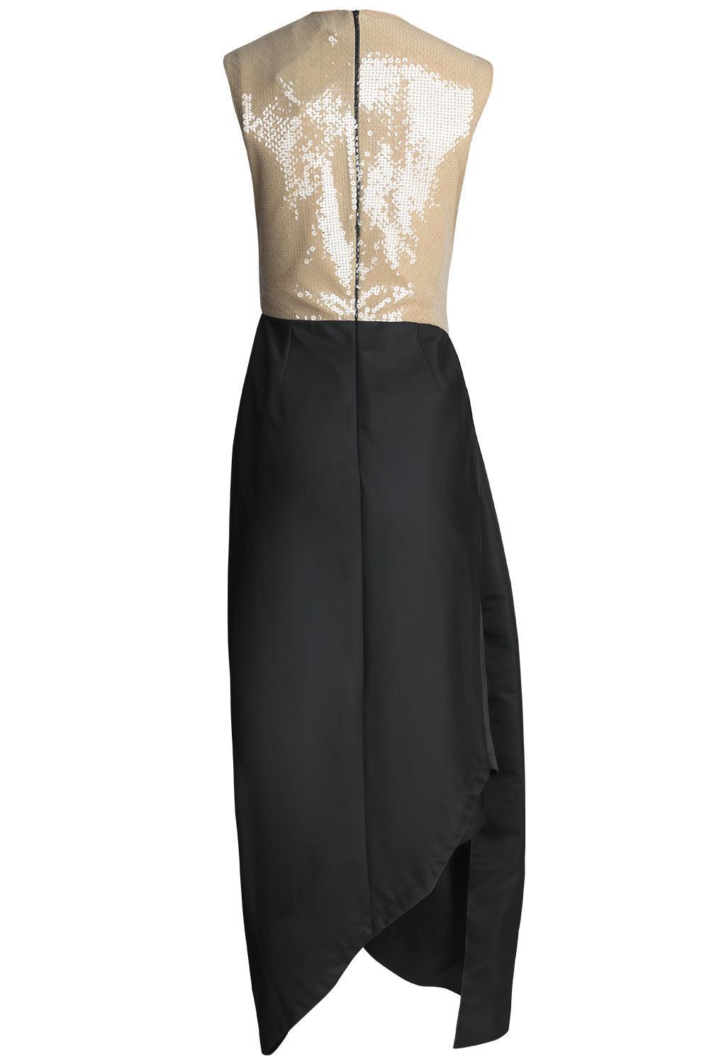 Sleeveless Draped Skirt Midi Dress-BEIGE/BLACK-6-CLOTHINGDRESSCOCKTAIL-DAVID KOMA