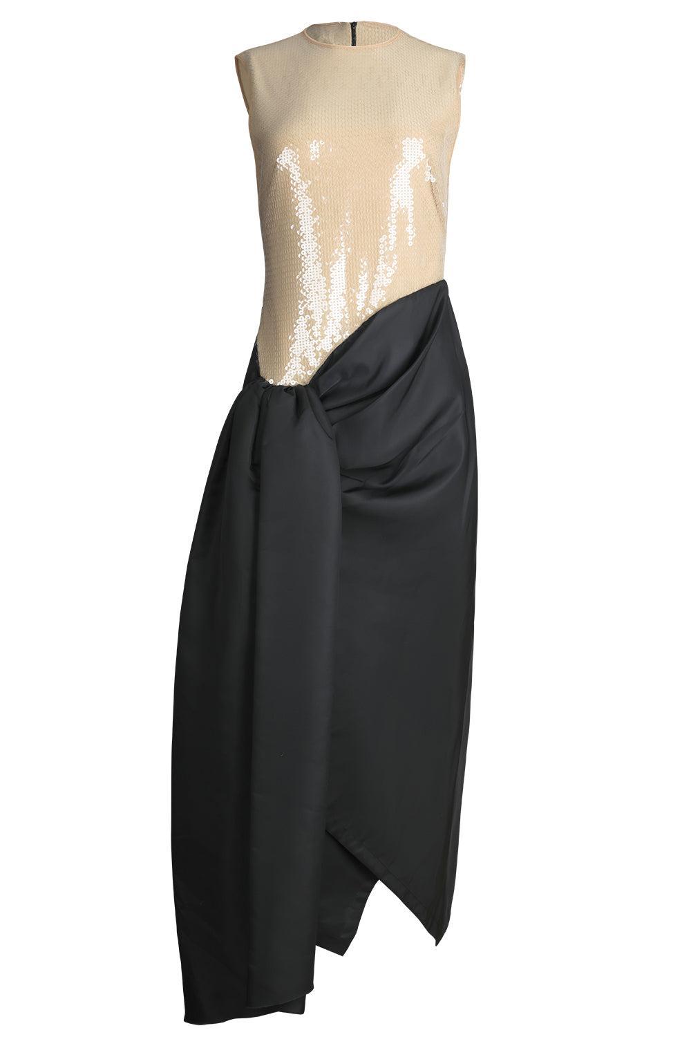 Sleeveless Draped Skirt Midi Dress-BEIGE/BLACK-6-CLOTHINGDRESSCOCKTAIL-DAVID KOMA