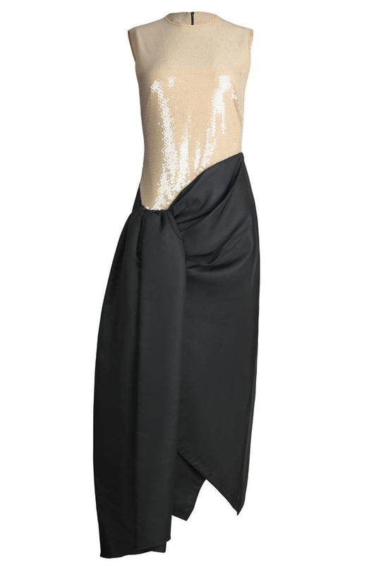 Sleeveless Draped Skirt Midi Dress-BEIGE/BLACK-6-CLOTHINGDRESSCOCKTAIL-DAVID KOMA