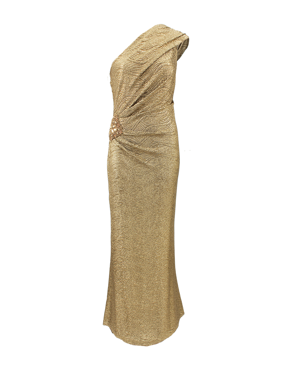 DAVID MEISTER-One Shoulder Metallic Lame Gown-