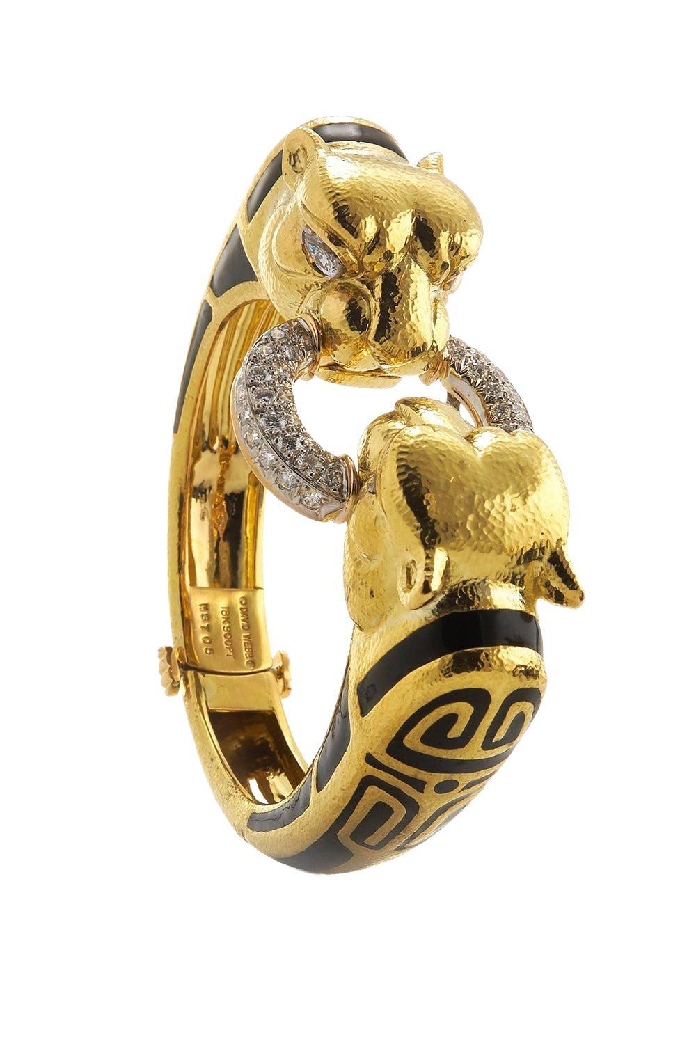 Black Enamel Twin Lion Scroll Bracelet-YELLOW GOLD-JEWELRYFINE JEWELBRACELET O-DAVID WEBB