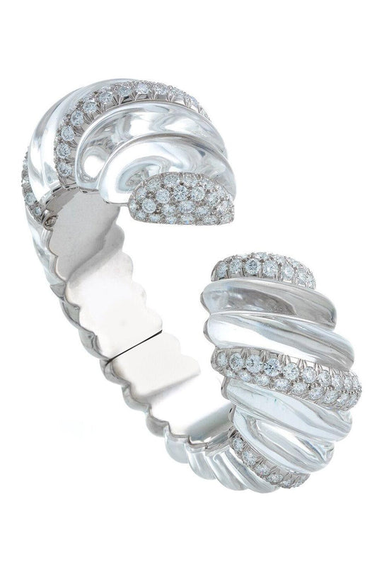 Diamond Twisted Carved Rock Cuff Bracelet-WHITE GOLD-JEWELRYFINE JEWELBRACELET O-DAVID WEBB