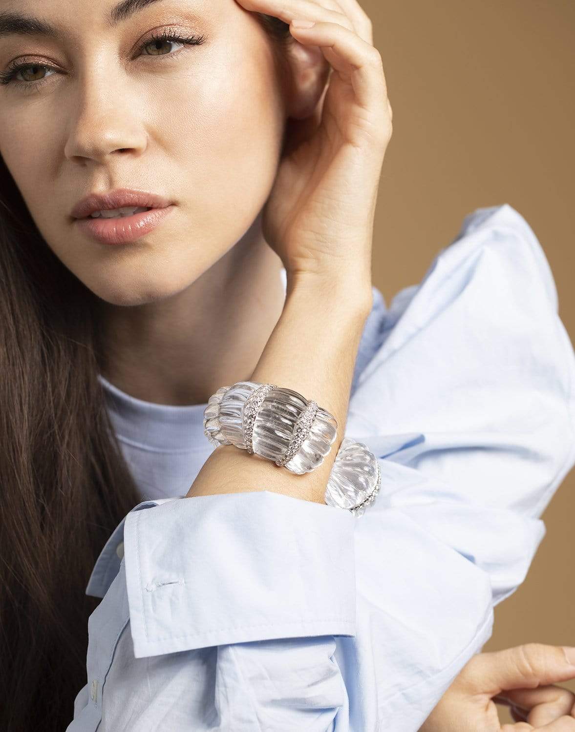 DAVID WEBB-Fluted Rock Crystal Bracelet-WHITE GOLD