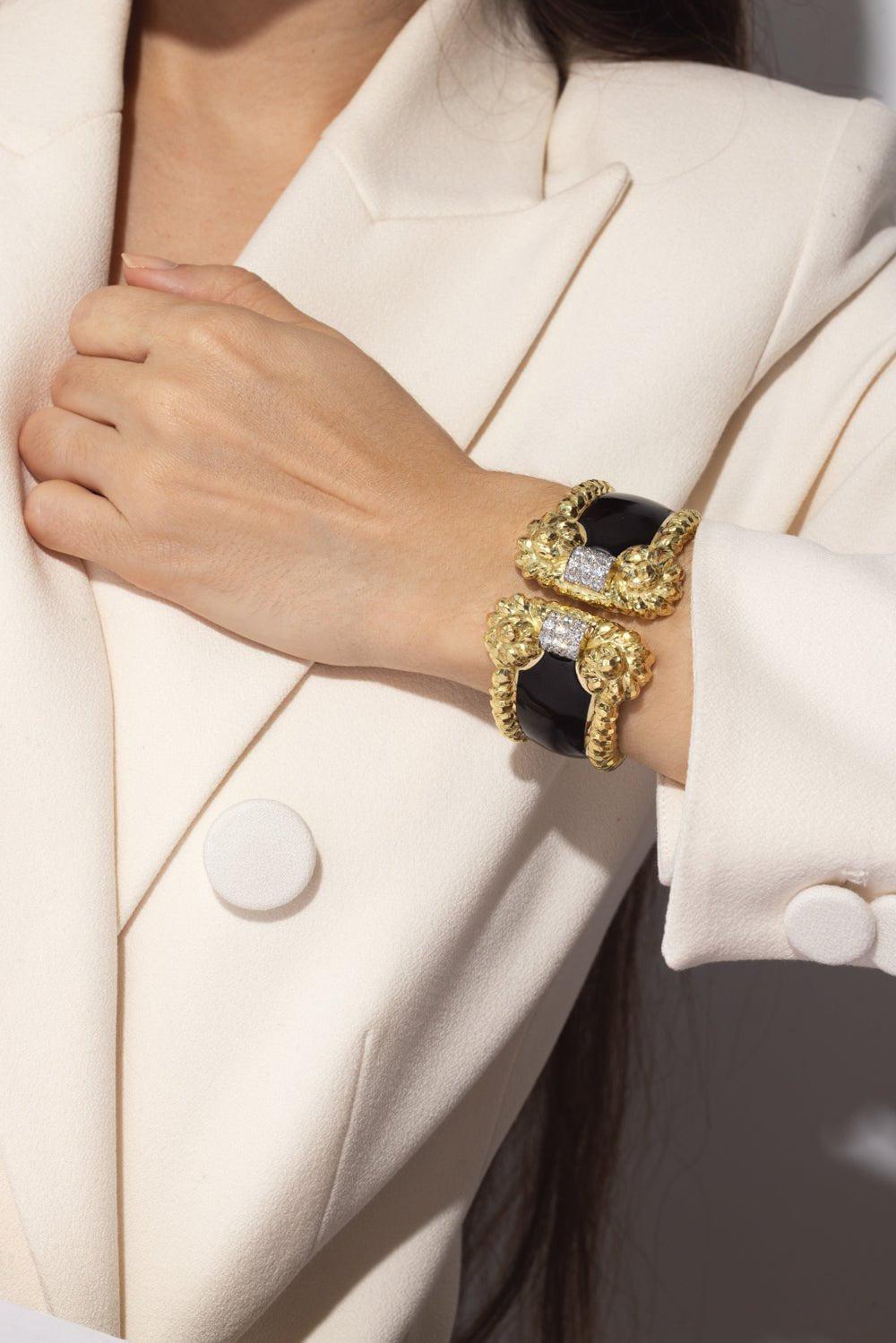 DAVID WEBB-Black Enamel Rope Cuff Bracelet-YELLOW GOLD