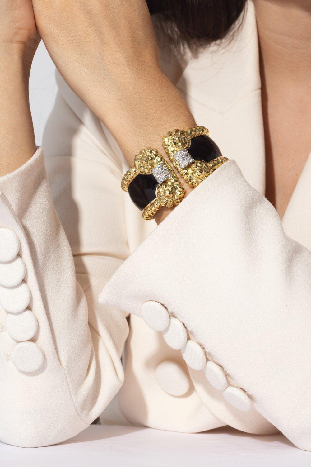 DAVID WEBB-Black Enamel Rope Cuff Bracelet-YELLOW GOLD