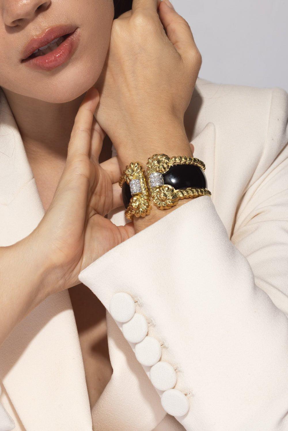 DAVID WEBB-Black Enamel Rope Cuff Bracelet-YELLOW GOLD