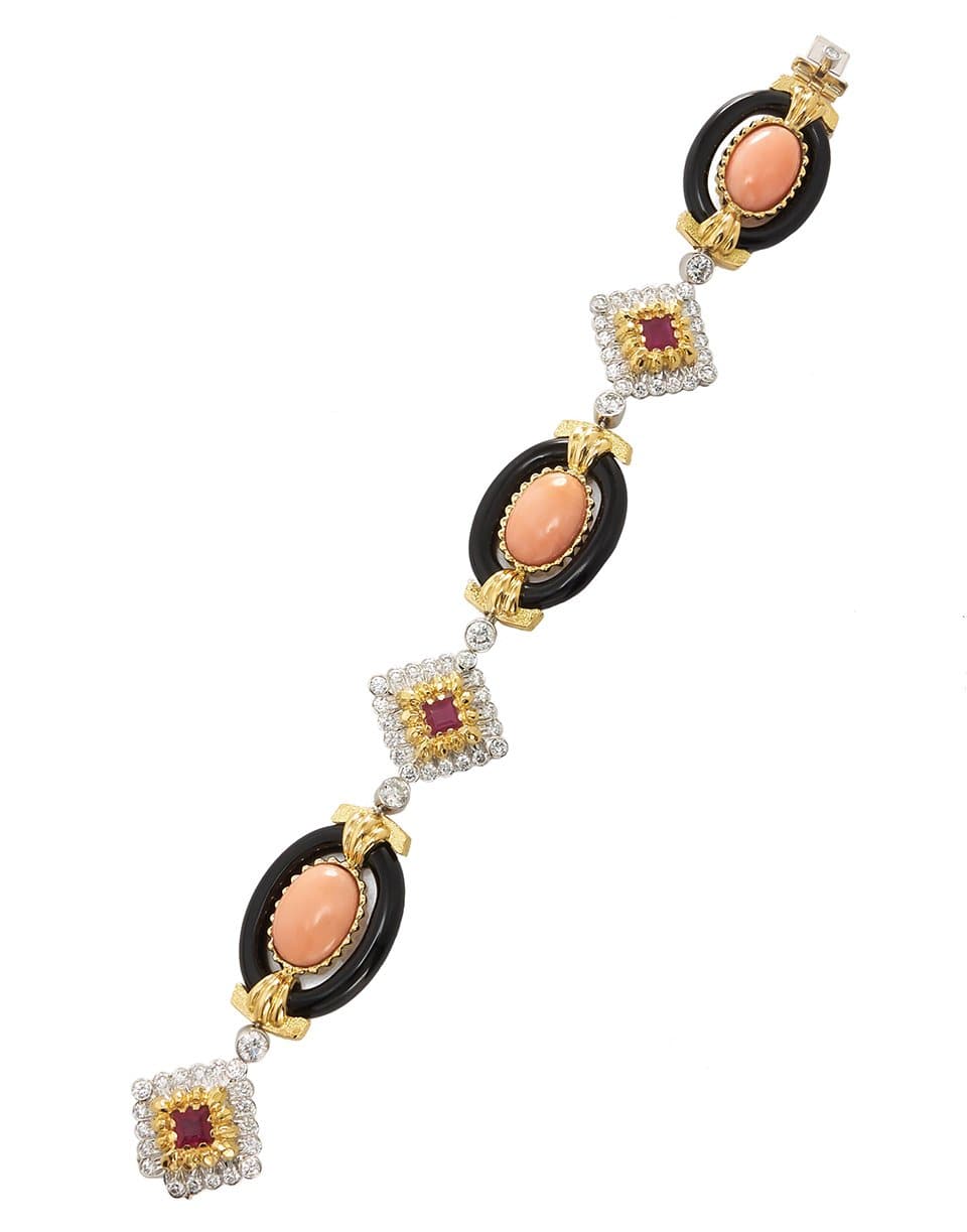 DAVID WEBB-Cabochon Angelskin Coral And Black Onyx Bracelet-YELLOW GOLD