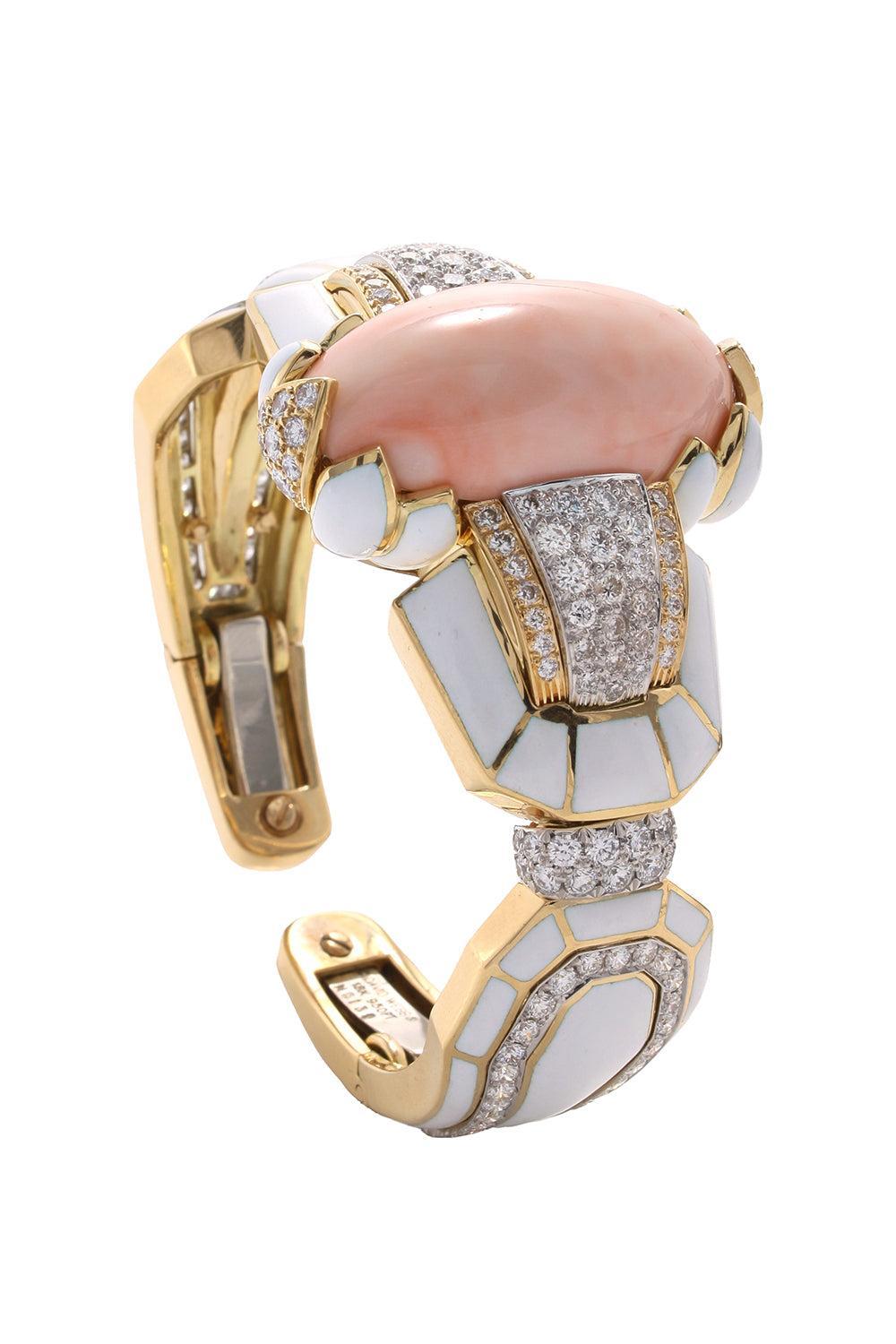Cabochon Coral Diamond White Lotus Cuff Bracelet-YELLOW GOLD-JEWELRYFINE JEWELBRACELET O-DAVID WEBB