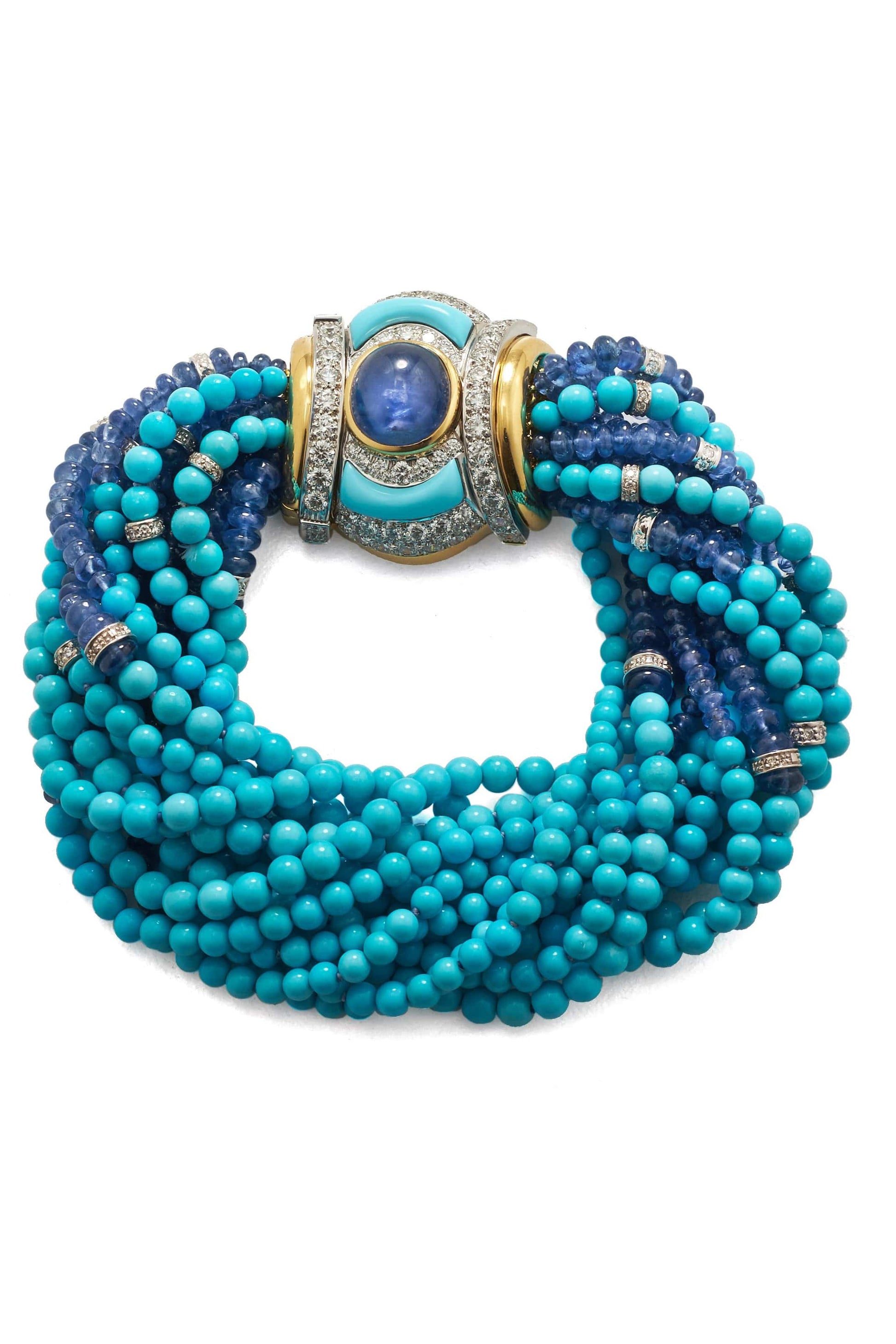 DAVID WEBB-Cabochon Sapphire and Turquoise Bead Bracelet-YELLOW GOLD
