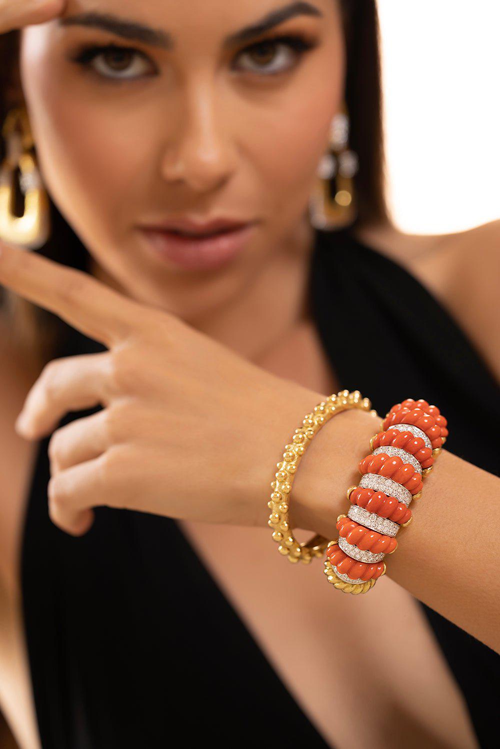 DAVID WEBB-Carved Coral Cuff Bracelet-YELLOW GOLD