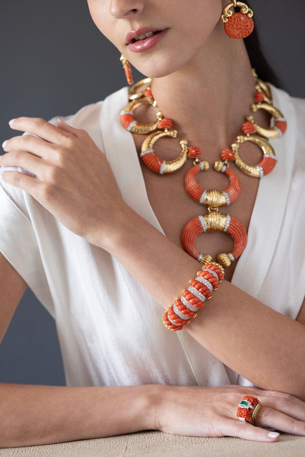 DAVID WEBB-Carved Coral Cuff Bracelet-YELLOW GOLD