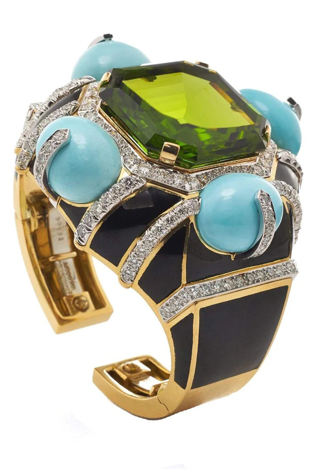 DAVID WEBB-Couture Peridot, Turquoise and Diamond Cuff-YELLOW GOLD