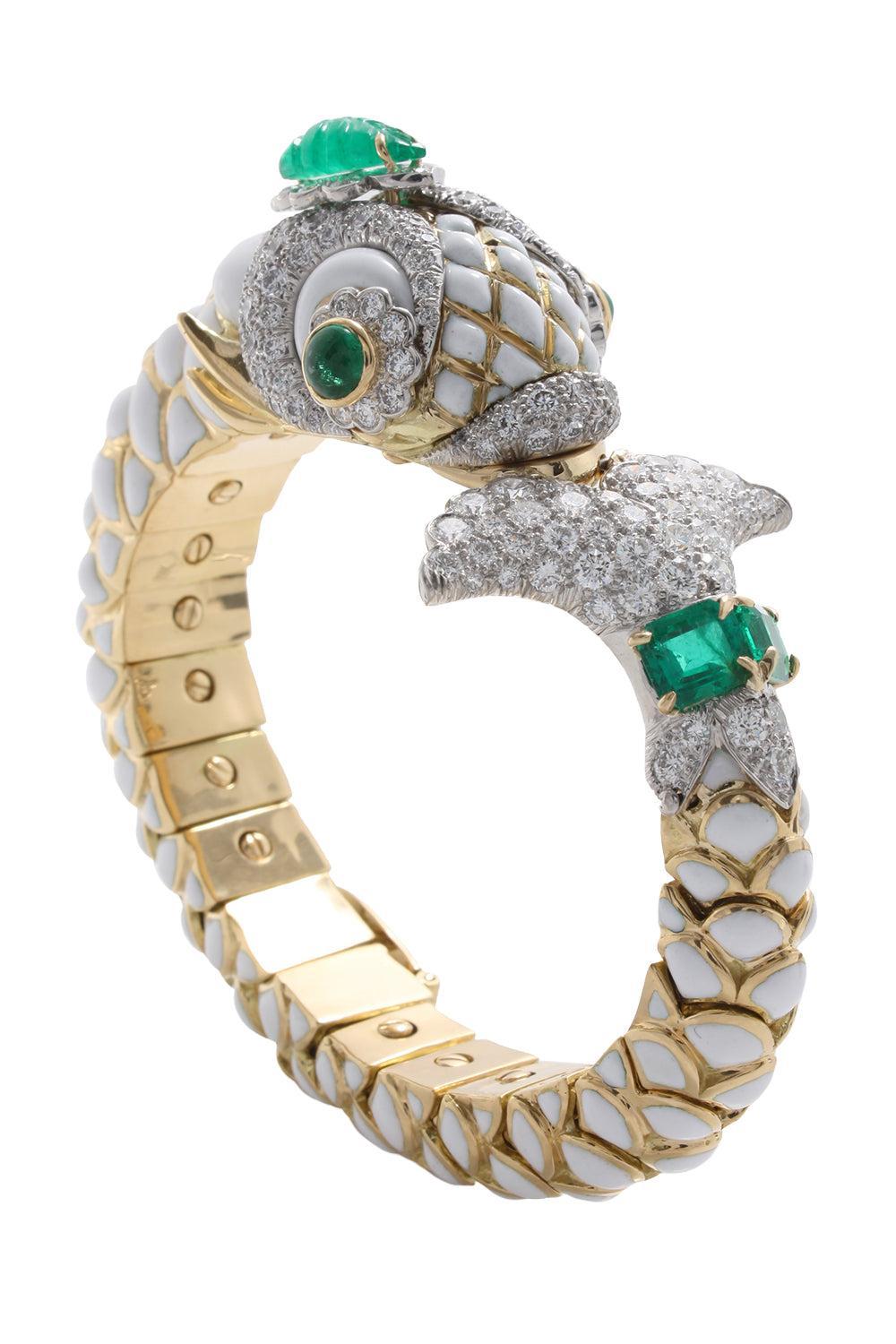 Diamond Emerald Couture Fish Bracelet-YELLOW GOLD-JEWELRYFINE JEWELBRACELET O-DAVID WEBB