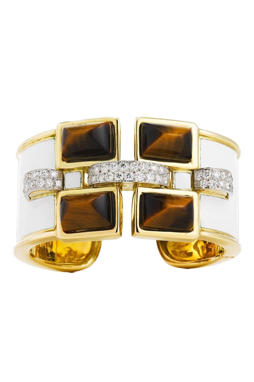 Diamond Tiger Eye Bastille Cuff Bracelet-YELLOW GOLD-JEWELRYFINE JEWELBRACELET O-DAVID WEBB