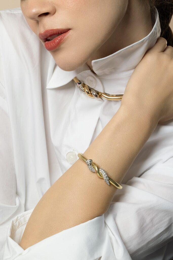 Diamond Two Tone Hammered Nail Cuff Bracelet-YELLOW GOLD-JEWELRYFINE JEWELBRACELET O-DAVID WEBB