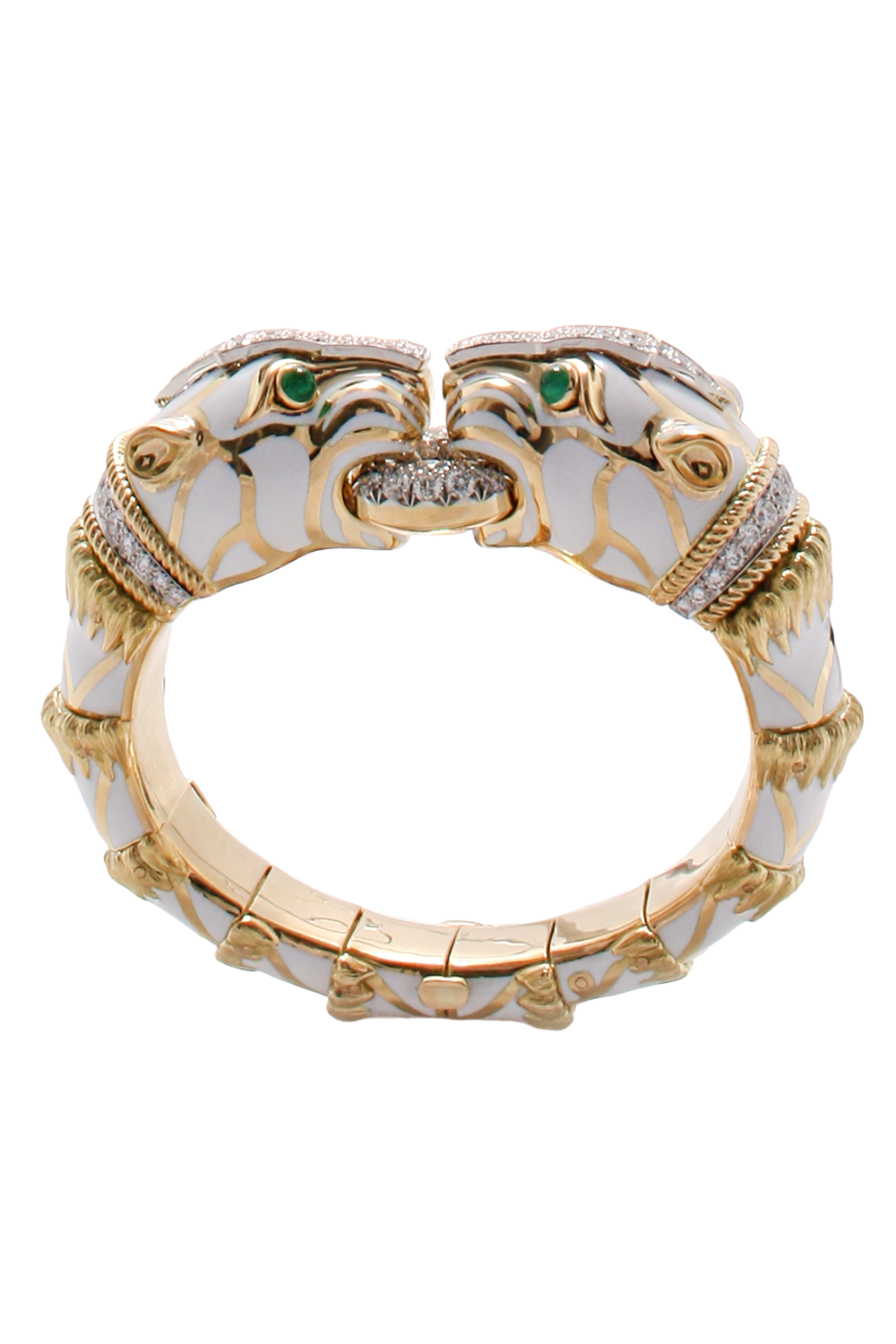 Diamond White Enamel Double Lion Bracelet-YELLOW GOLD-JEWELRYFINE JEWELBRACELET O-DAVID WEBB