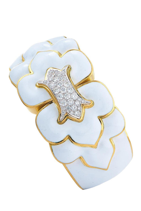 Diamond White Trefoil Cuff Bracelet-YELLOW GOLD-JEWELRYFINE JEWELBRACELET O-DAVID WEBB