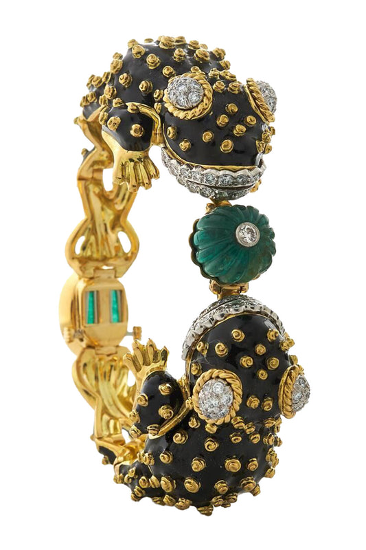 Emerald Diamond Black Enamel Twin Frog Bracelet-YELLOW GOLD-JEWELRYFINE JEWELBRACELET O-DAVID WEBB