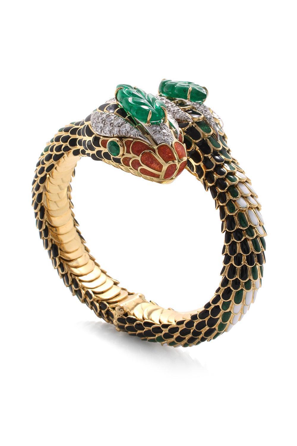 Emerald Orange Double Headed Snake Bracelet-YELLOW GOLD-JEWELRYFINE JEWELBRACELET O-DAVID WEBB