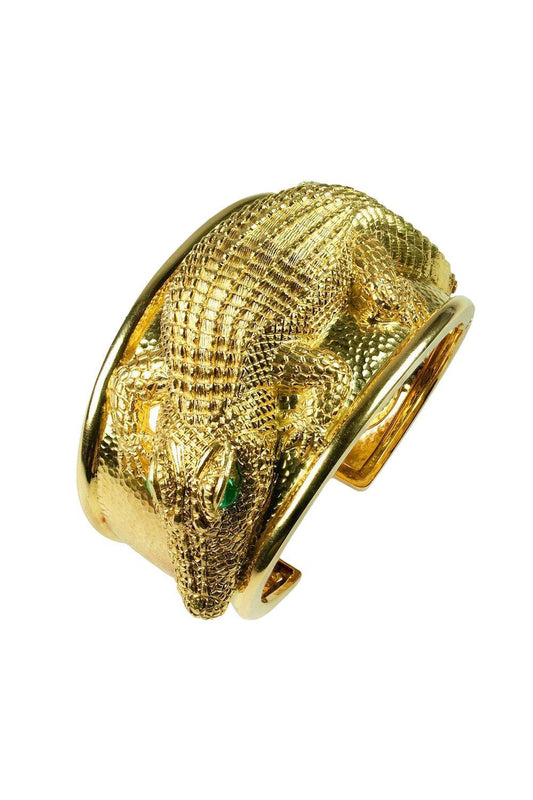 Emerald Repousse Alligator Cuff Bracelet-YELLOW GOLD-JEWELRYFINE JEWELBRACELET O-DAVID WEBB
