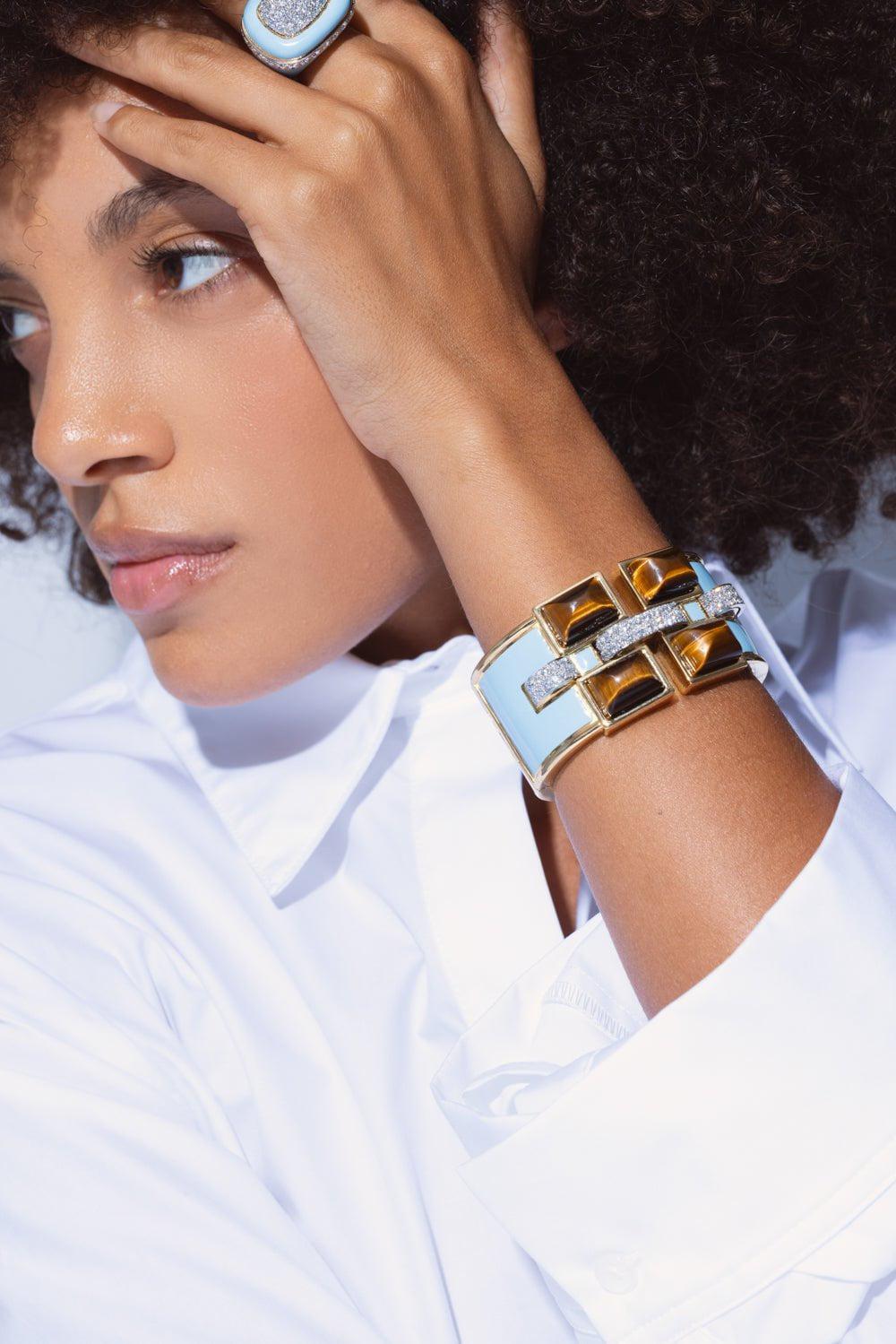 DAVID WEBB-Four Stone Bastille Cuff Bracelet-YELLOW GOLD