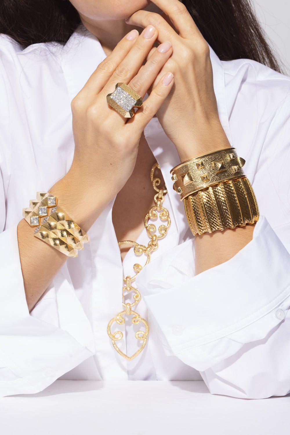 DAVID WEBB-Hammered Furrow Cuff Bracelet-YELLOW GOLD