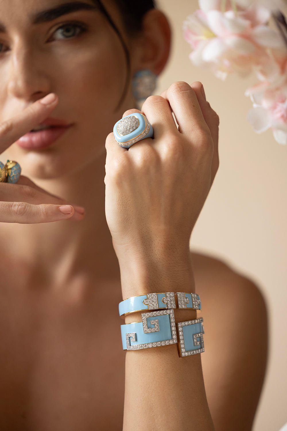 DAVID WEBB-Light Blue Enamel Scroll Cuff-YELLOW GOLD