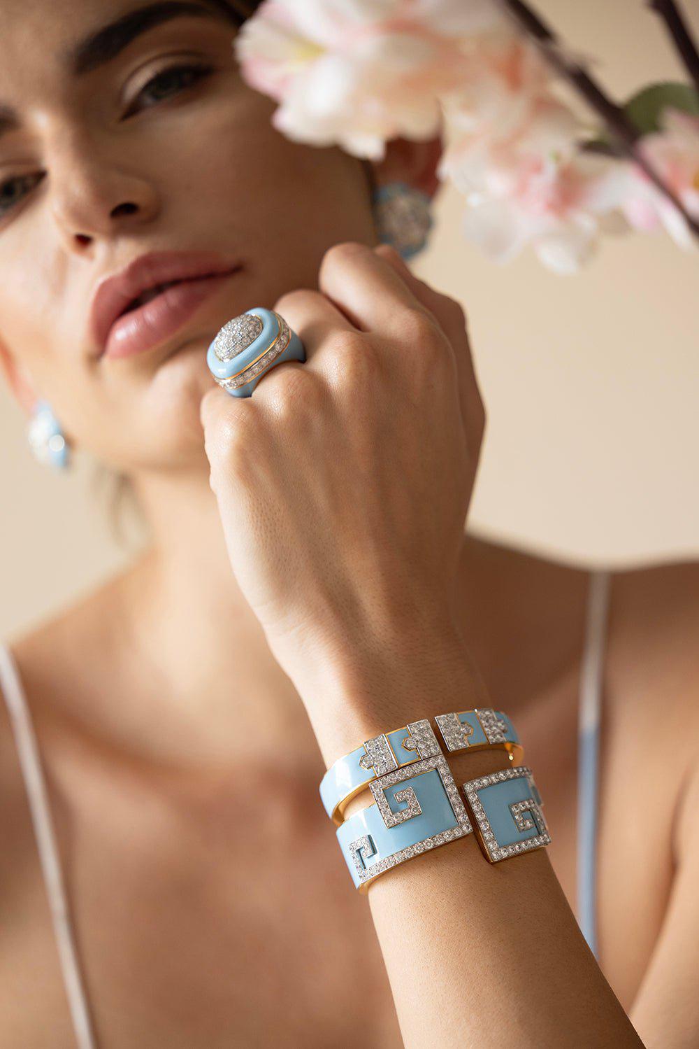 DAVID WEBB-Light Blue Enamel Scroll Cuff-YELLOW GOLD