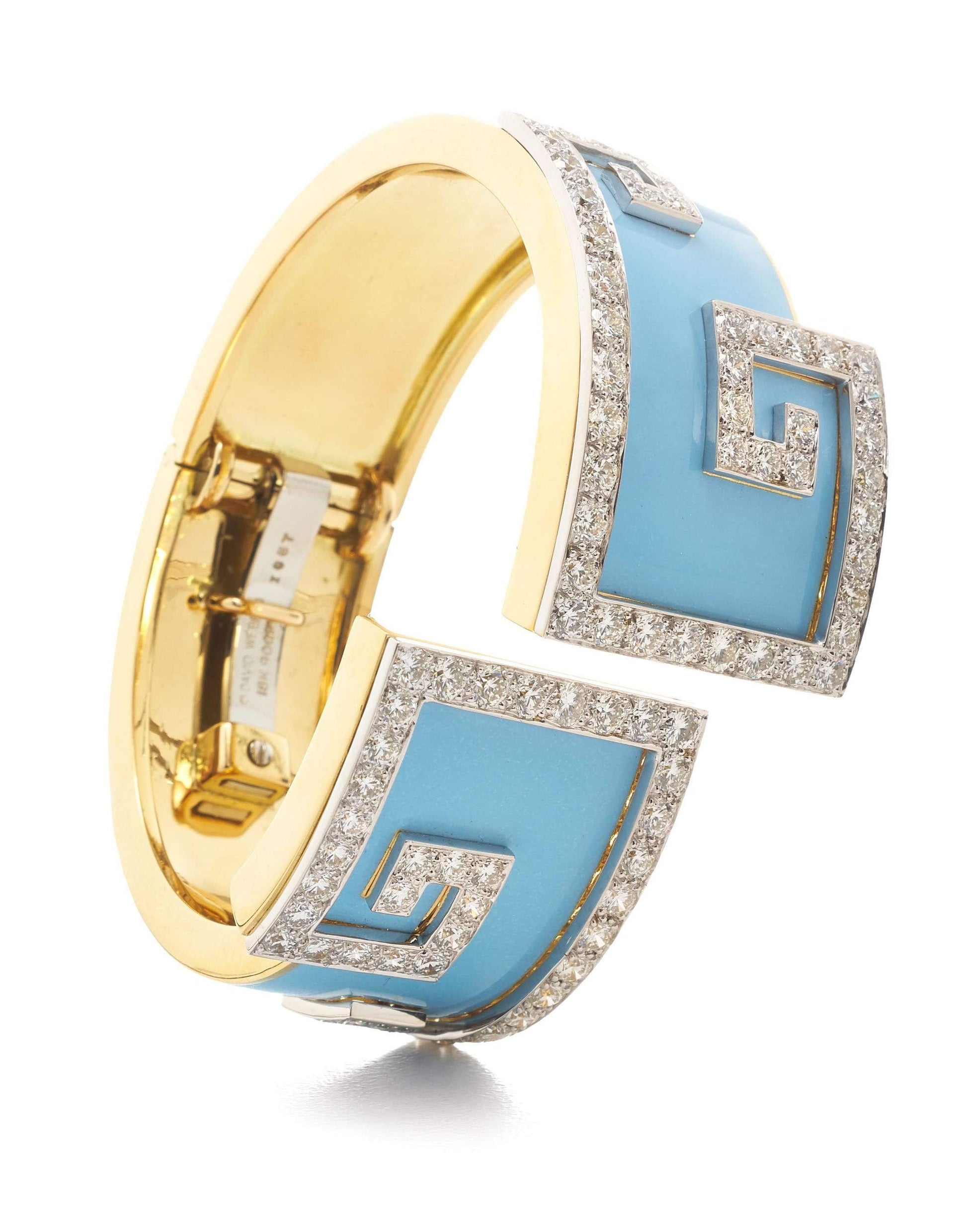 DAVID WEBB-Light Blue Enamel Scroll Cuff-YELLOW GOLD