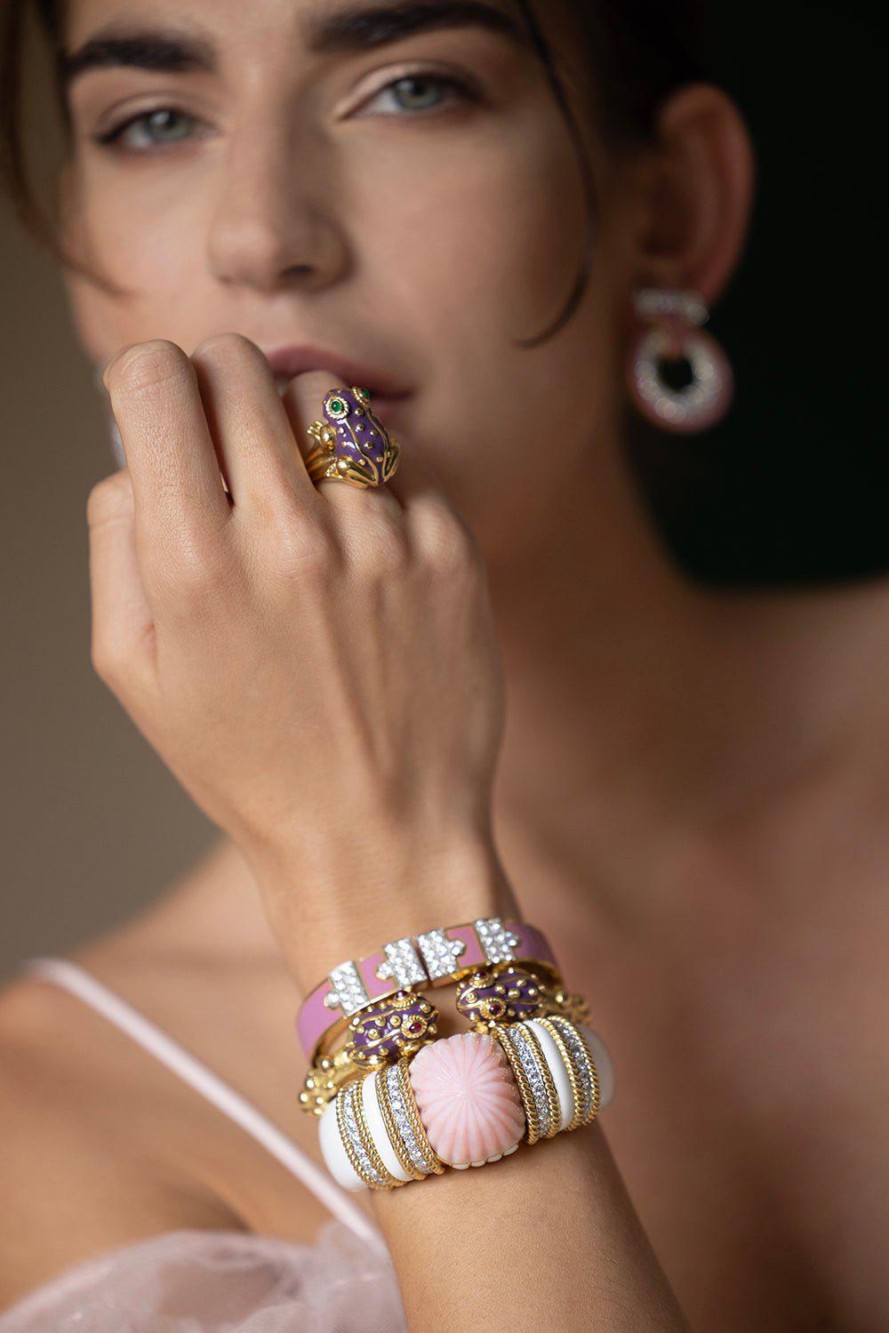 DAVID WEBB-Pink Enamel Lane Bracelet-YELLOW GOLD