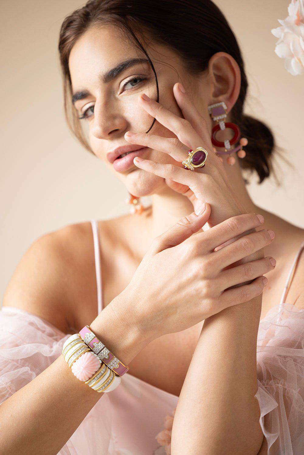 DAVID WEBB-Pink Enamel Lane Bracelet-YELLOW GOLD