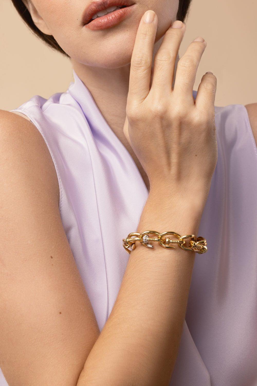 DAVID WEBB-Polished Diamond Nail Link Bracelet-YELLOW GOLD