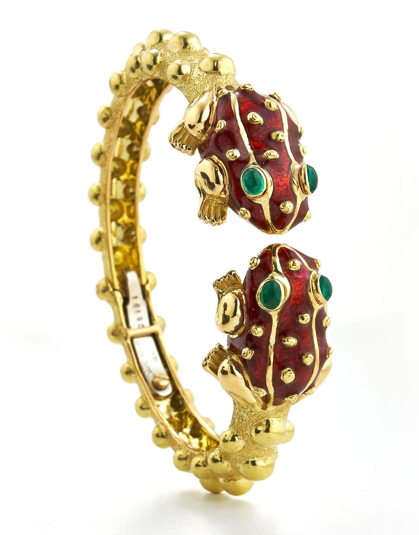 DAVID WEBB-Red Enamel and Emerald Baby Frog Bangle-YELLOW GOLD