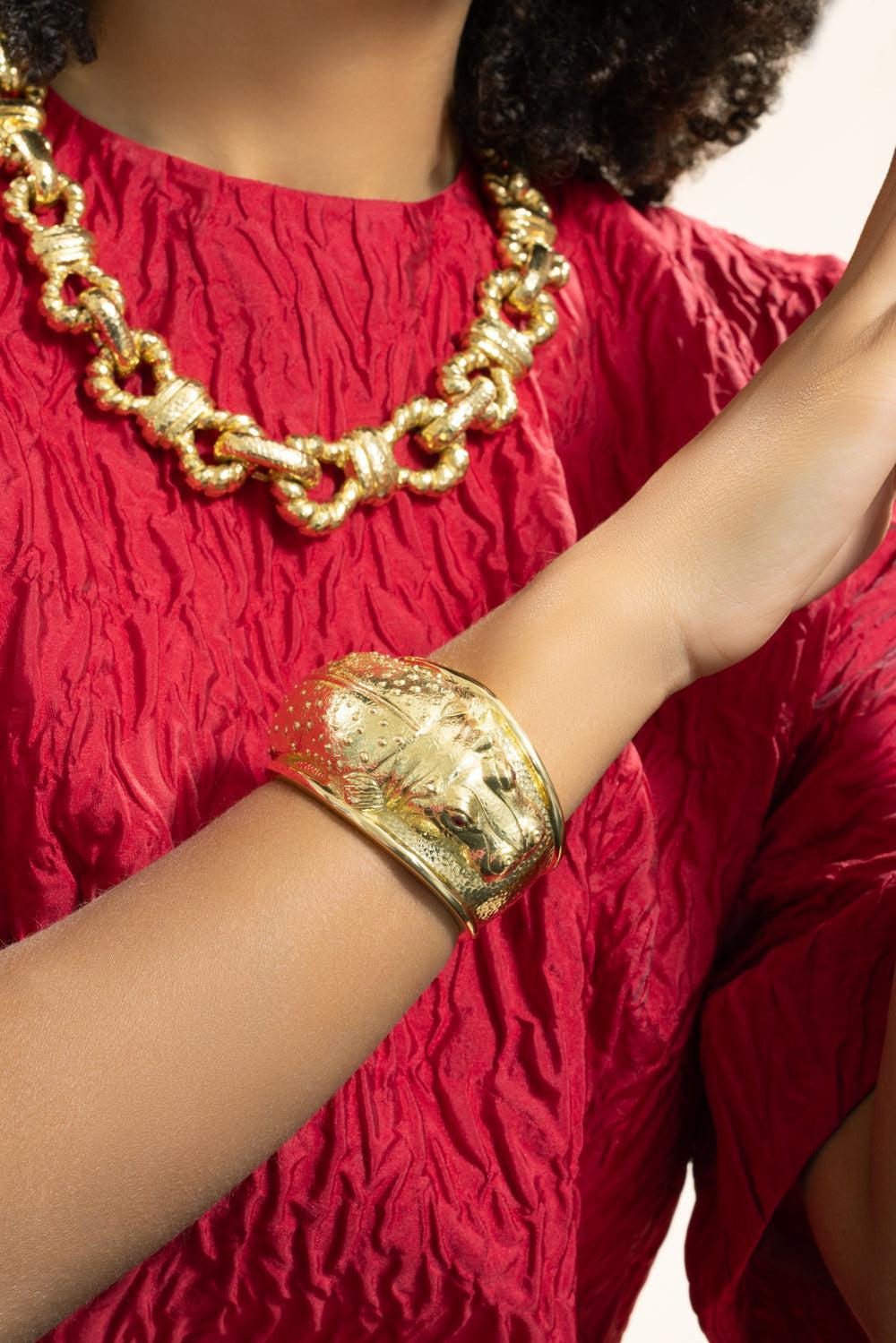 Ruby Repousse Hippo Cuff Bracelet-YELLOW GOLD-JEWELRYFINE JEWELBRACELET O-DAVID WEBB