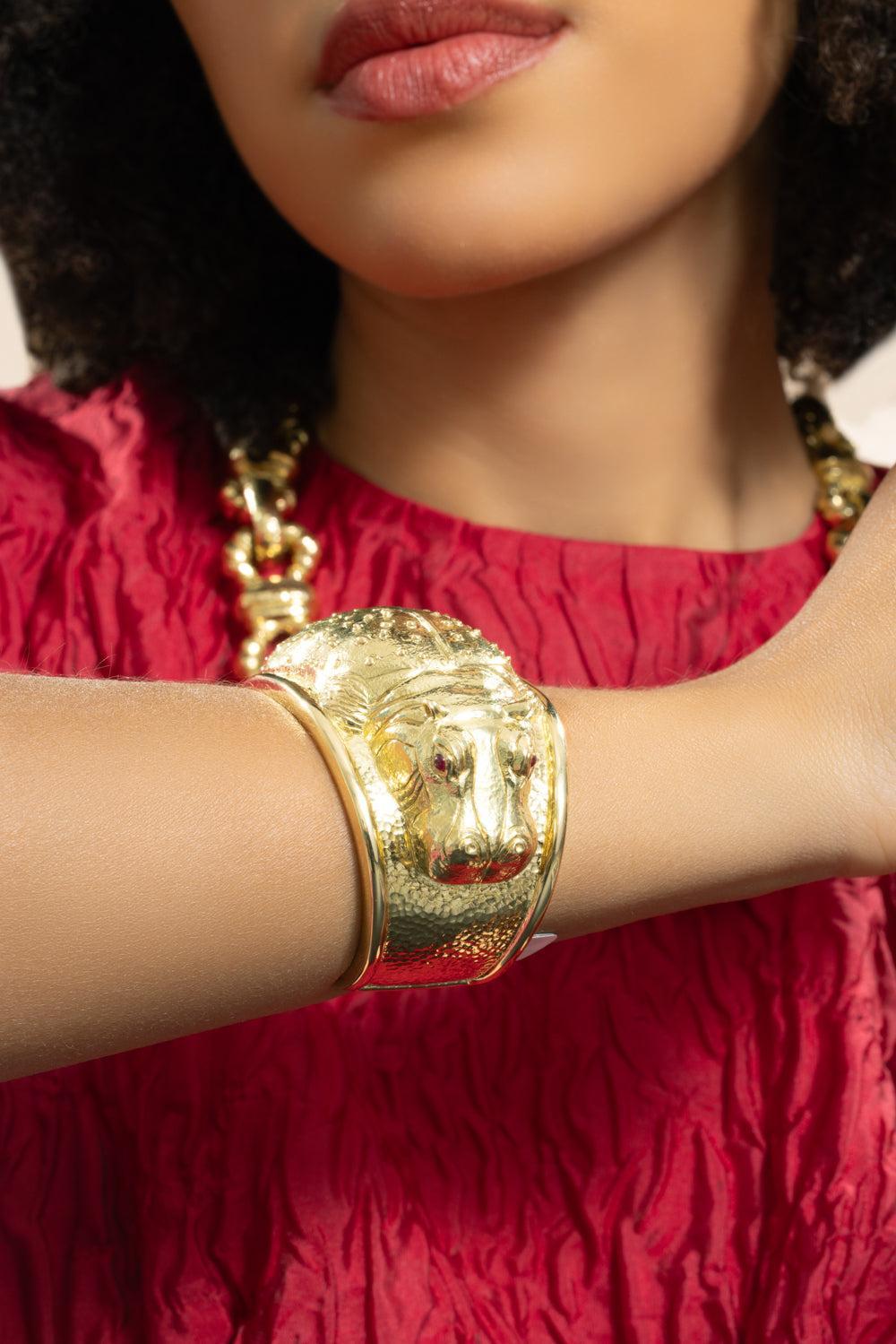 Ruby Repousse Hippo Cuff Bracelet-YELLOW GOLD-JEWELRYFINE JEWELBRACELET O-DAVID WEBB