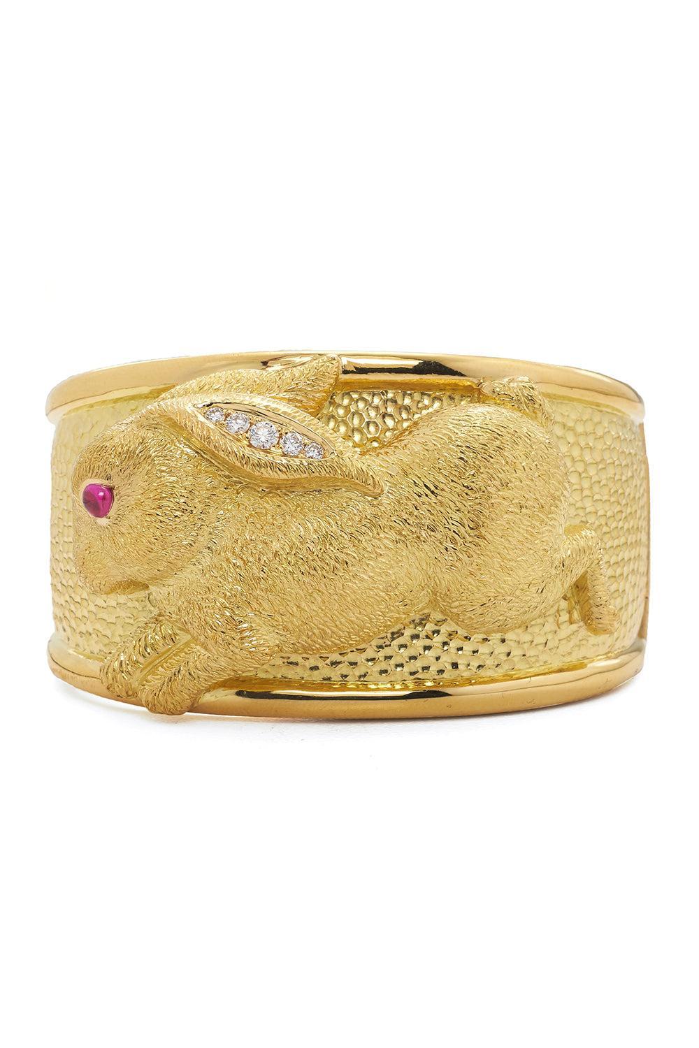 Ruby Repousse Rabbit Couture Cuff Bracelet-YELLOW GOLD-JEWELRYFINE JEWELBRACELET O-DAVID WEBB