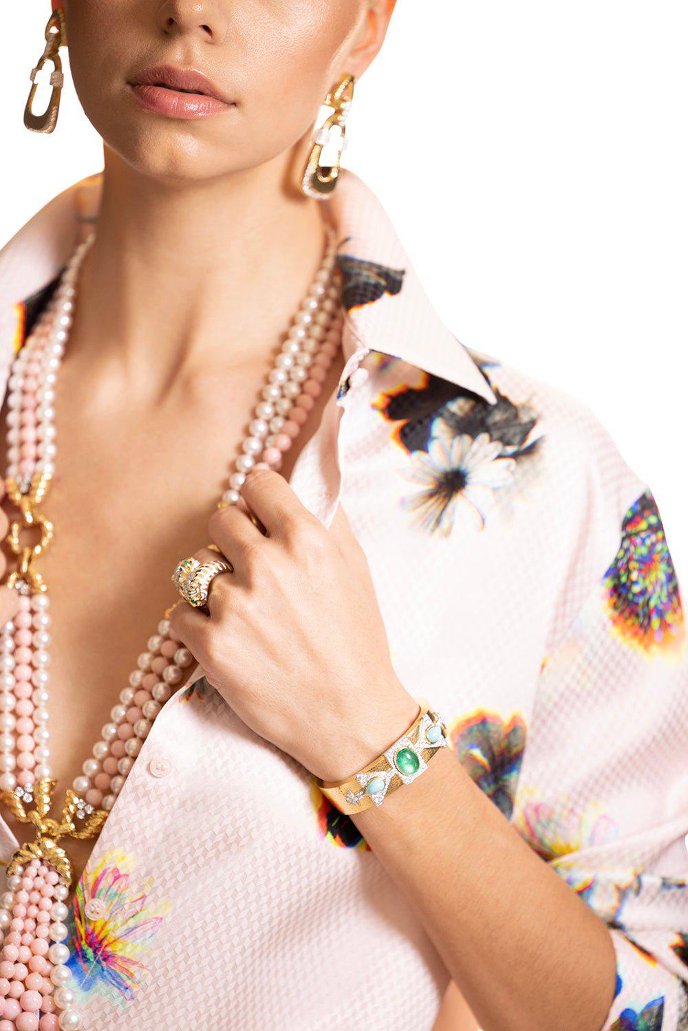 DAVID WEBB-Turquoise and Emerald and Diamond Sonora Cuff-YELLOW GOLD