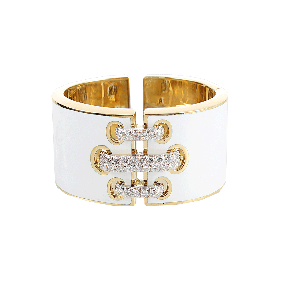 DAVID WEBB-White Enamel Bracelet with Diamond Shoe Lace Detail-YLW GOLD