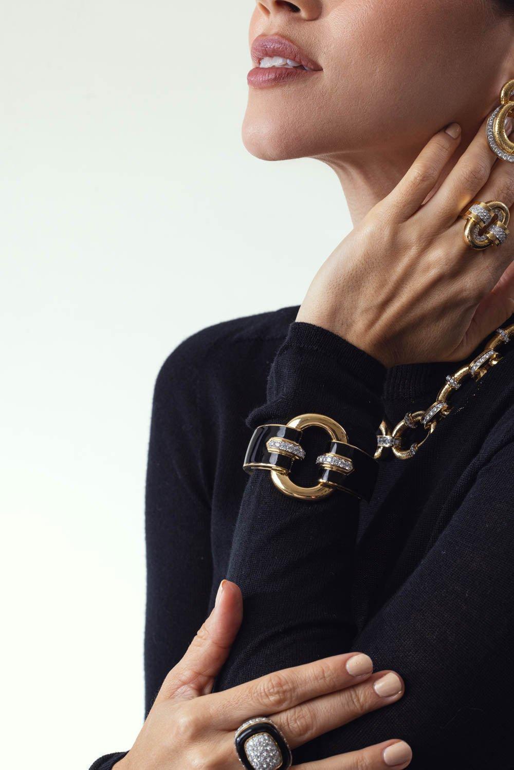 DAVID WEBB-Black Enamel Strap Cuff-YELLOW GOLD