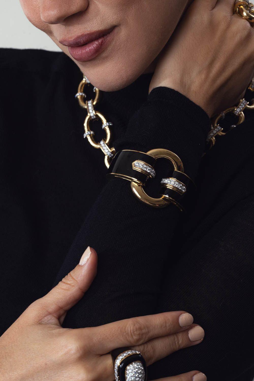 DAVID WEBB-Black Enamel Strap Cuff-YELLOW GOLD