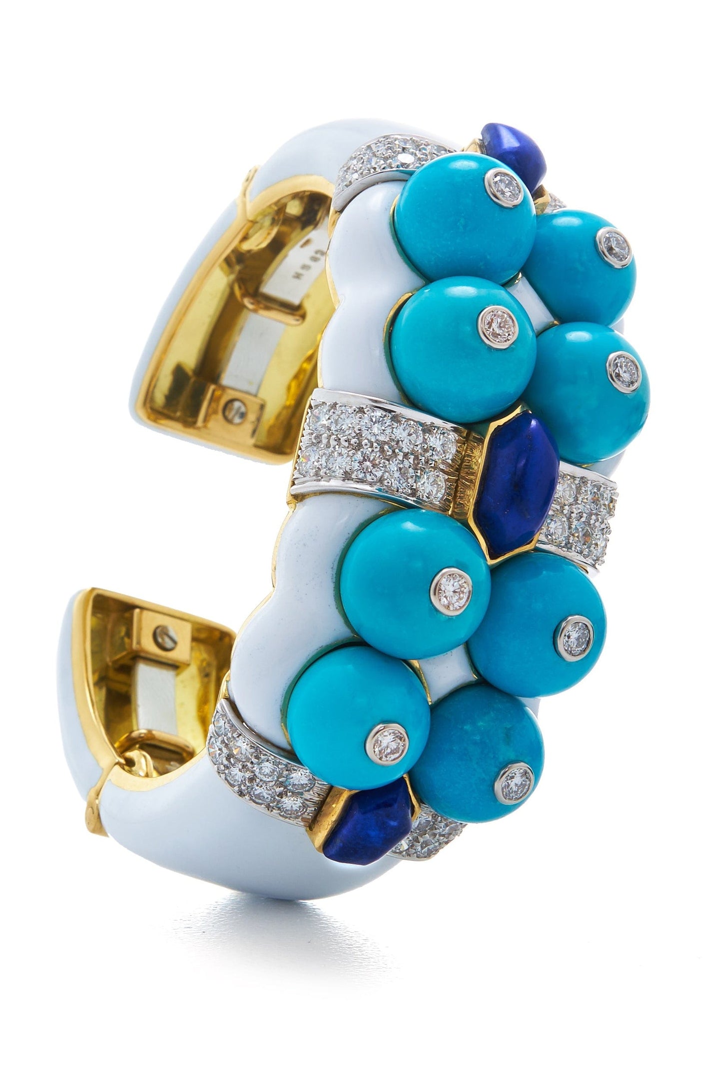 DAVID WEBB-Turquoise Bead and Diamond White Enamel Cuff-YELLOW GOLD