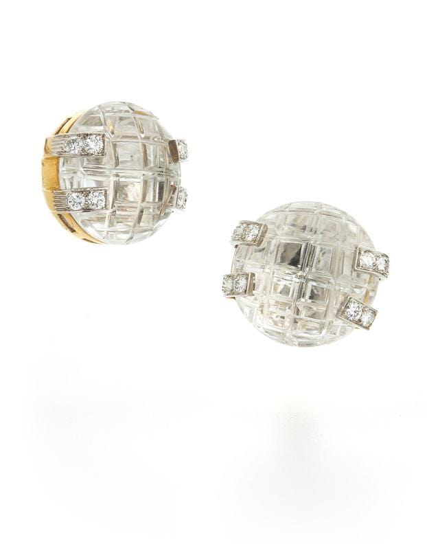 DAVID WEBB-Cross-Hatched Button Earrings-PLAT
