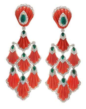 DAVID WEBB-Carved Coral and Emerald Siren Earrings-PLATINUM