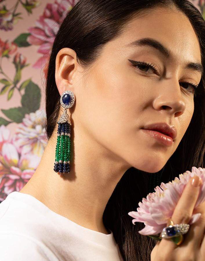 DAVID WEBB-Sapphire Emerald and Diamond Tassel Earrings-PLATINUM