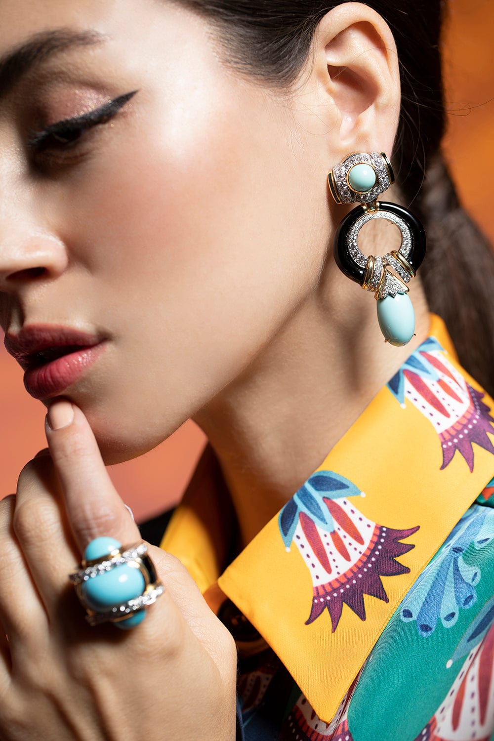 DAVID WEBB-Black Enamel and Turquoise Earrings-YELLOW GOLD